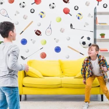 Imagem de SUPERDANT Adesivos de parede de bola de cor clara adesivos de parede de futebol vôlei badminton murais de vinil para decoração de sala de estar de quarto de menino de academia, berçário