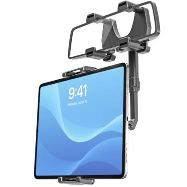 Imagem de INSSKY Suporte para tablet com espelho retrovisor de carro, [fixação de 4 garras] Suporte de tablet giratório e retrátil de 360°, capa de espessura adequada (profundidade máxima de 3,5 cm) para iPad