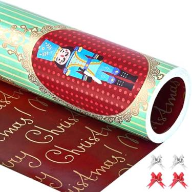 Imagem de EWES Conjunto de rolos de papel de embrulho de Natal quebra-nozes, vintage verde fofo retrô retrô, padrão metálico com soldado quebra-nozes, vinho vermelho reversível, total de 28,5 m²