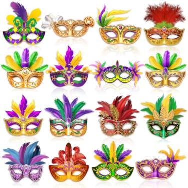 Imagem de CMUSKO Mardi Gras Masks-16Pcs Carnival Masquerade Paper Mask Bulk Women Prom Purple Green Yellow Masks Decoration for Mardi Gras Party Supplie