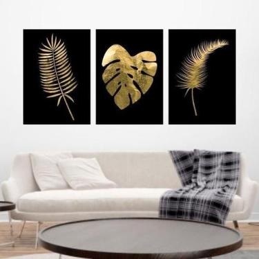 Imagem de Kit 3 Quadros Folhas Tropicais Dourado 45X34Cm Moldura Preta - Quadros