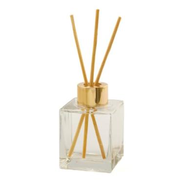 Imagem de Difusor de Aromas em Garrafa de Vidro em Formato Cubo com Tampa Elegante para Ambiente (DOURADO)