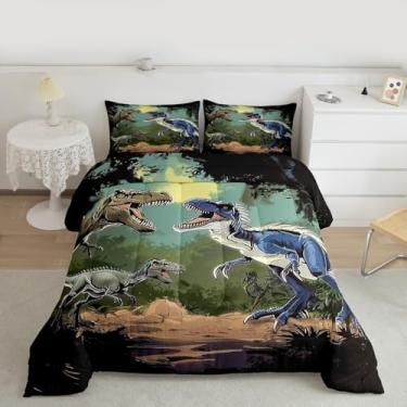 Imagem de jejeloiu Conjunto de edredom de dinossauro para todas as estações, estampa digital 3D, conjunto de cama solteiro com 1 fronha de animais selvagens, decoração de quarto, azul, verde e preto