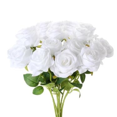 Imagem de TFSWUFI Flores artificiais de rosas brancas, 15 peças, rosas falsas de seda com hastes longas, rosa sintética para centros de mesa de casamento, decoração de casa, arranjos florais internos, decoração
