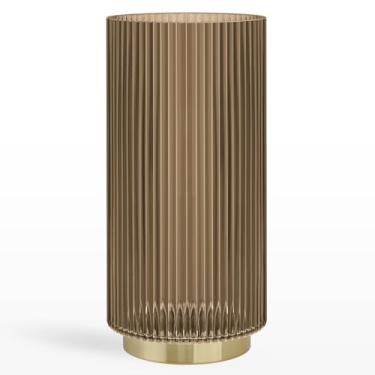 Imagem de Torre & Tagus Vaso de vidro marrom de 25,4 cm para flores e furacão canelado para velas de pilar com acabamento em metal dourado, vaso de vidro canelado marrom transparente para flores, decoração de