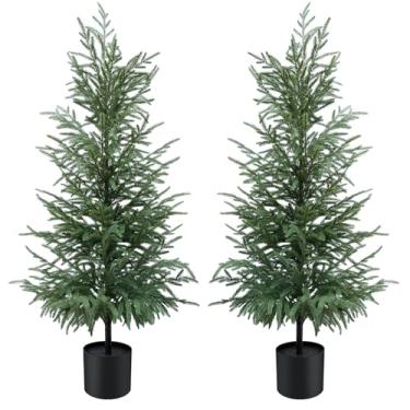 Imagem de Niaone Pacote com 2 pinheiros artificiais Norfolk, árvore em vaso falsa de 1,2 m com base de serapilheira decorativa e folhas de toque real, planta interna e externa com proteção UV para decoração de