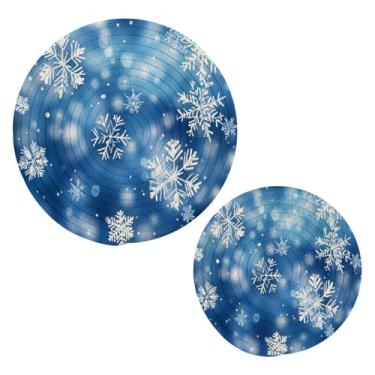 Imagem de Blueangle 2 peças de suporte de panela com flocos de neve caindo - conjunto de pegadores de panela de tecido redondo - almofadas quentes trançadas de algodão - porta-copos - tapetes de mesa para