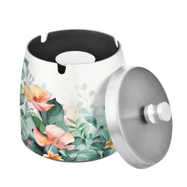 Imagem de Blueangle Cinzeiro de flores em aquarela com tampa para cigarros, à prova de vento/chuva, aço inoxidável, sem fumaça, inodoro, cinzeiro para uso interno ou externo (312)