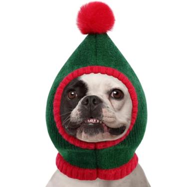 Imagem de AOFITEE Chapéu de Natal para cães, chapéu de inverno para cães pequenos, gorro de Natal de malha grossa com pompom, aquecedor de orelhas de pescoço quente, cachecol com capuz, acessórios engraçados