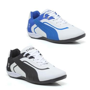 Imagem de Kit 2 Chuteiras Masculina Futsal Esportiva Com Solado Costurado Resistente Confortável (Branco/Azul E Branco/Preto, BR, Adulto, Numérico, 43)