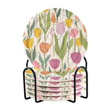 Imagem de Qilmy Conjunto de 6 peças de copos de tulipas coloridas bonitas ou porta-copos de bar para bebidas, porta-copos de fazenda ou porta-copos de mesa rústicos, porta-copos modernos de tecido de algodão