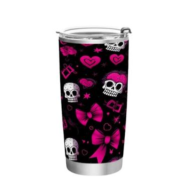 Imagem de Wassud Copo de caveira romântica de 340 g com tampa e canudo de aço inoxidável de parede dupla copo isolado para viagem caneca de café para bebidas frias e quentes