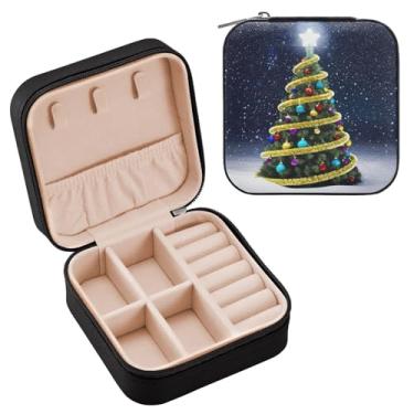 Imagem de Wassud Caixa de joias de viagem com design de árvore de Natal para mulheres, meninas, senhoras, noiva, mini organizador de joias de couro PU, caixa quadrada de armazenamento de joias para brincos