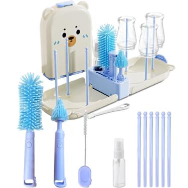 Imagem de Kit de limpeza de mamadeira azul com escorredor – Máquina de lavar mamadeira 6 em 1 e conjunto de escova de silicone para peças de bomba, bicos e canudos – Essencial portátil para viagem para bebês em