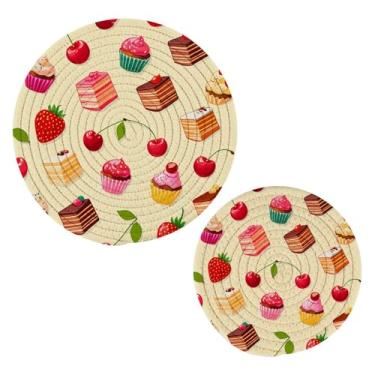 Imagem de Wassud Trivet de cupcake colorido para pratos quentes, suportes de panela redondos de algodão, porta-copos elegantes, decoração de cozinha e acessórios, 2 peças