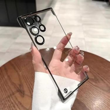 Imagem de HJZSZX Capa de luxo sem moldura para S24Ultra, fina, transparente, com lente de câmera, capa rígida à prova de choque (para S24Ultra/PRETO)