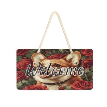 Imagem de Burbuja Placa de boas-vindas de rosas de cachorro para porta da frente, placa de boas-vindas de PVC para decoração de férias, 15 x 28 cm