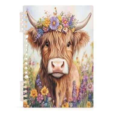 Imagem de Burbuja Caderno Highland Cow com flores, papel pautado universitário A5 com 60 folhas, fichário para escritório, 1 pacote