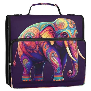 Imagem de CEBUGI Fichário de 3 anéis com zíper com alça de ombro, pasta de arquivo expansível de 3,8 cm, anéis D, para escola, escritório, elefante colorido