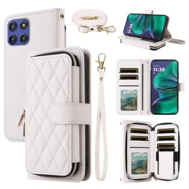 Imagem de Dswteny Argyle Capa carteira para Motorola Moto G Stylus 5G 2025 com alça de ombro, zíper couro PU flip acessórios para cartão de crédito suporte celular capa para celular G5 mulheres meninas branca