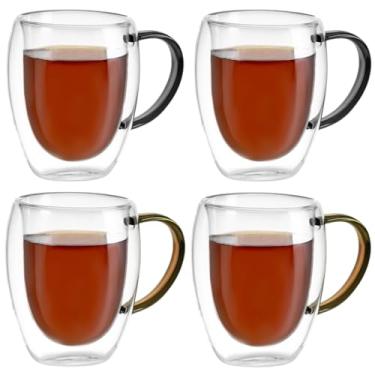 Imagem de Kit Conjunto 4 Xícaras de Vidro Borossilicato Parede Dupla 350ml Transparente com Alça Colorida - 2 Marrom e 2 Preto