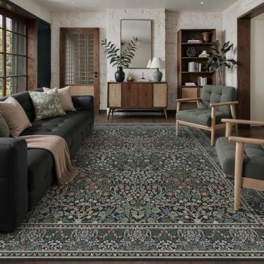 Imagem de HUGEAR Tapetes florais vintage laváveis, 22 x 30 cm, preto e verde - estilo oriental neutro retrô, resistente a manchas, antiderrapante, para crianças e animais de estimação, para sala de estar