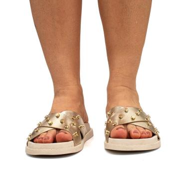 Imagem de Sandália Flatform Feminina Casual Papete Plataforma Flat Brilho Enfeite Metálico-Feminino