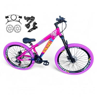 Imagem de Bicicleta Aro 26 Vikingx Tuff Câmbios Shimano Freio Hidráulico 21v Freeride Aro Vmaxx Flame rosa-Azul X25