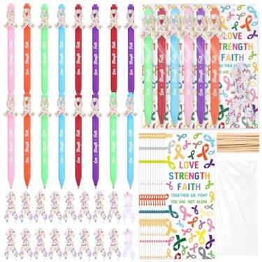 Imagem de 144 peças de conscientização do câncer incluídas 48 canetas esferográficas coloridas com fitas, alfinetes de esperança, cartões motivacionais, bolsas, itens de mês de prevenção do câncer, presentes