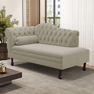 Imagem de Divã Recamier Lavínia Clássico 120cm Capitonê Com Pés De Madeira Suede Bege - Desk Design