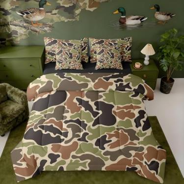 Imagem de Feelyou Jogo de cama solteiro com estampa de peixe, camuflado, para crianças, caçador de peixes, lençol com edredom, lençóis, fronhas e capa de almofada, verde, marrom, preto, edredom com lençóis