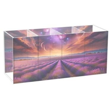 Imagem de TSENQUE Suporte de lápis Lavender Fields Under Cosmic Sky para mesa com estampa de animais fofos para escritório, porta-canetas de acrílico