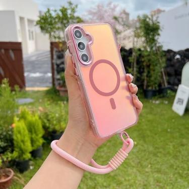 Imagem de Capa de celular com alça de pulso Gradient Dazzle para Samsung Galaxy 25 Edge 24 S23 Ultra Plus A56 A36 A26 A16, capa de carregamento sem fio, rosa, para A25