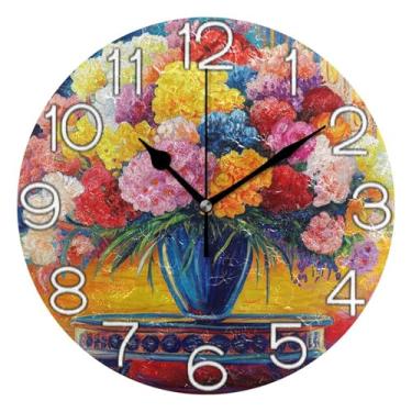 Imagem de GAIGEO Relógio de parede analógico decorativo floral floral amarelo azul relógio de cozinha bonito estético silencioso sem tique-taque, arte de parede boho decoração de casa, 25 cm, ponteiros pretos