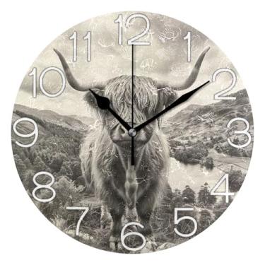 Imagem de GAIGEO Relógio de parede analógico decorativo quarto cozinha relógio operado por bateria silencioso, arte de parede moderna legal decoração de casa vaca highland preto e branco, 25 cm, ponteiros