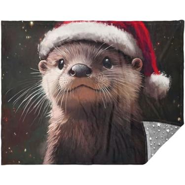 Imagem de TSENQUE Chapéu de Papai Noel de Lontra Bonito de Natal Cobertor Verde Personalizado Cobertor de Sofá de Lã para Mulheres 178 cm x 139 cm Cobertor Gêmeo Flor