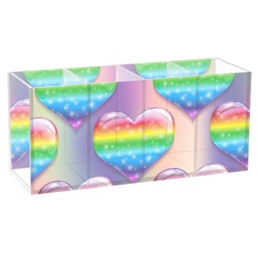 Imagem de TSENQUE Lindo porta-lápis para mesa, corações coloridos, arco-íris, suporte de pincel de acrílico brilhante, copo de lápis, suporte de escritório, material de escritório personalizado para mulheres