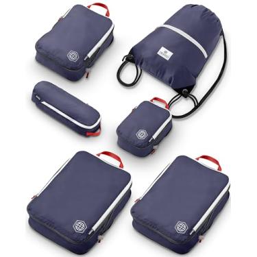 Imagem de Conjunto de 6 peças grandes de compressão para viagem com bolsa de lavanderia leve/mochila com cordão para mala de mão (azul marinho/vermelho)