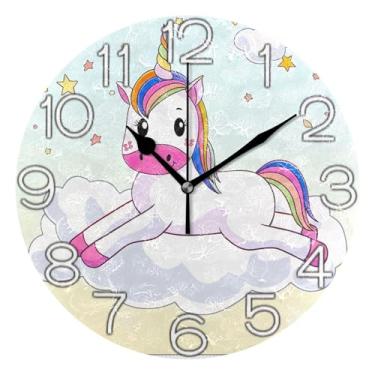 Imagem de GAIGEO Relógio de parede analógico decorativo bonito com estrela de unicórnio de desenho animado, relógio de cozinha, rústico, redondo, sem tique-taque, silencioso, arte de parede moderna, decoração