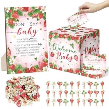 Imagem de 102 peças de suprimentos de jogo de chá de bebê de morango incluem 50 ingressos para sorteio de fraldas, 1 caixa de cartão de sorteio de fraldas, 1 placa de bebê Don't Say e 50 mini prendedores de