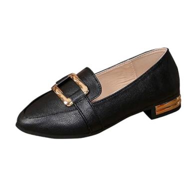 Imagem de Mocassins versáteis estilo britânico para mulheres, design sem cadarço, plus size, estilo primavera, moderno, fivela de metal, salto baixo, tecido PU casual, Preto, 35