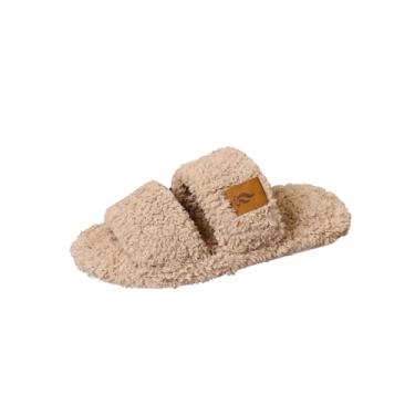 Imagem de Pantufas femininas com forro de lã de bico aberto para outono e inverno design aconchegante adequado para uso casual interno e externo com uma sensação amigável, Caqui, 34
