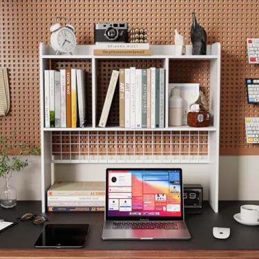 Imagem de FNBAR Estante de mesa, prateleira de armazenamento de bancada com 3 prateleiras para mesa de computador, rack de exibição de 2 camadas com painel de grade, organizador de armazenamento multiuso de