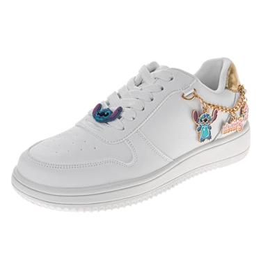Imagem de Disney Lilo & Stitch Tênis com cadarço leve e respirável – Sapatos de costura para meninas e mulheres, tamanhos 5 a 10 para crianças e adultos de 11 a 4 anos, Branco com berloques, 15