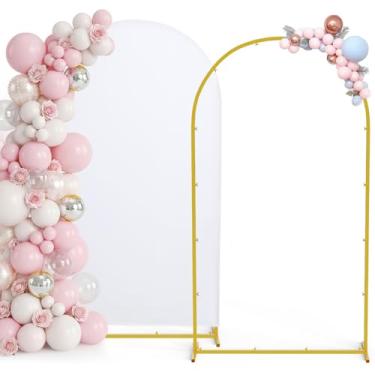 Imagem de Conjunto de suporte e capa de fundo de arco de metal de 2 m, suporte de arco de fundo de casamento dourado com capa, suporte de arco de balão com capa de arco branco para festa de aniversário, chá de