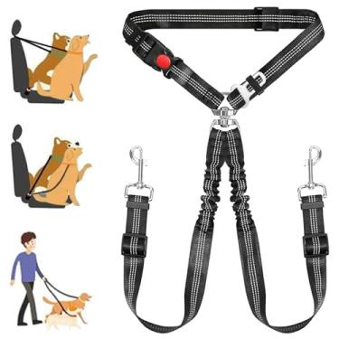 Imagem de Tiesenci Cinto de segurança duplo para carro, encosto de cabeça ajustável, cinto de segurança com elástico refletivo e giratório sem emaranhados, coleira dividida sem puxar para viagem de veículo e