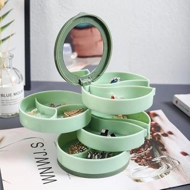 Imagem de Caixa de joias rotativa multicamadas com espelho - elegante estojo de armazenamento rosa e transparente, design de topo giratório para colares, brincos, pulseiras, anéis - plástico durável (verde)