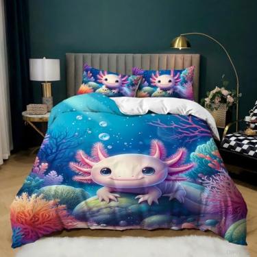 Imagem de AILONEN Jogo de cama Axolotl rosa de desenho animado perfeito para decoração de quarto de crianças, meninas, tamanho solteiro, conjunto de capa de edredom kawaii, salamandra animal, capa de edredom