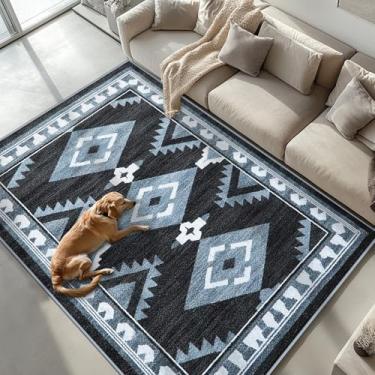 Imagem de Tijuboni Tapetes ocidentais antiderrapantes para sala de estar, tapetes do sudoeste para sala de jantar, cozinha, quarto, berçário, suporte de borracha lavável, 4 x 6 asteca preto-branco-azul