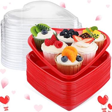 Imagem de Bandeja de servir em forma de coração dos namorados, pratos descartáveis de plástico com coração vermelho, pratos descartáveis para o dia dos namorados, bandeja de sobremesa, lanche com tampas transparentes para decoração de mesa de aniversário dos namorados (conjunto com 10)